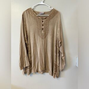 Encounter embroidered neck and side panels distressed long sleeve blouse